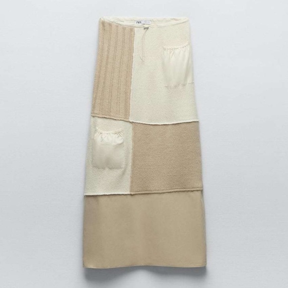ZARA NEW WOMAN HIGH-WAIST LONG KNIT PATCHWORK SKIRT ECRU - Picture 6 of 7